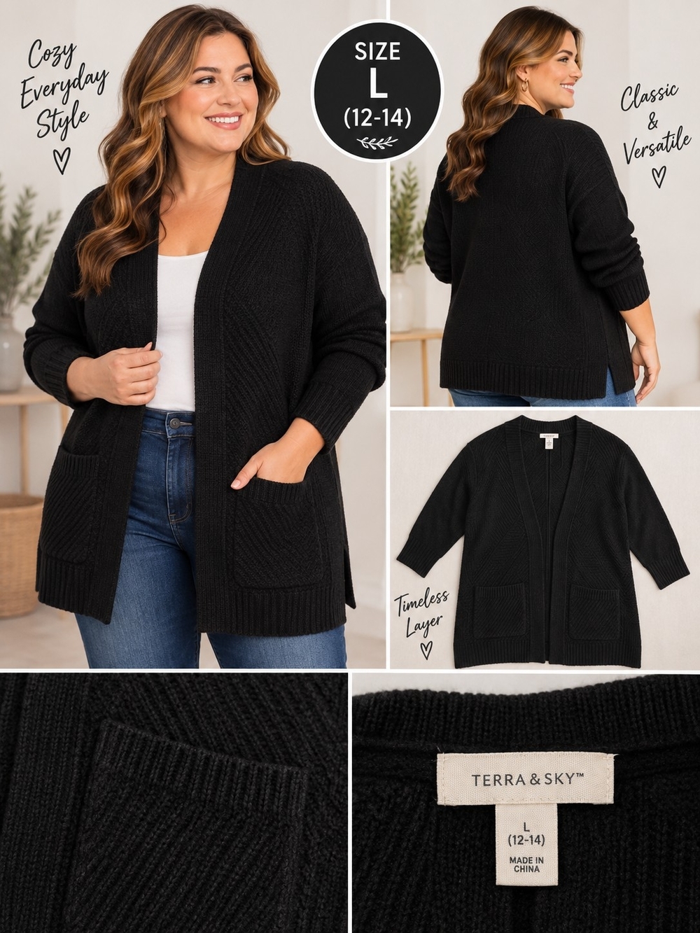 Terra & sky Women's 14w black knit cardigan sweater #31